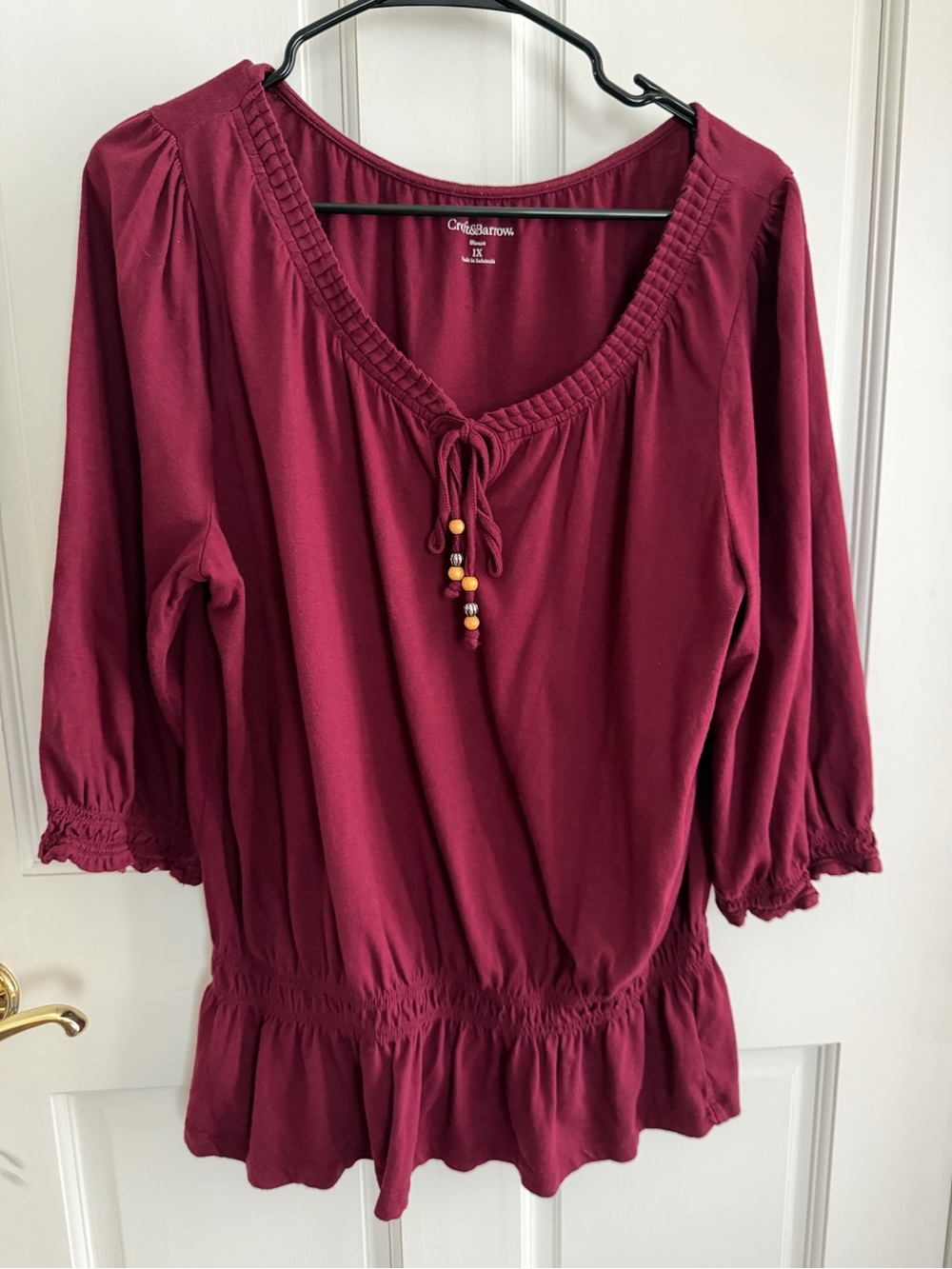 CROFT & BARROW Plus Size 1X Wine Red Peasant Top with Bead Tie